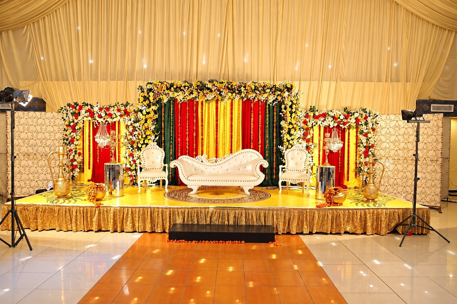 Mehndi stage with red, yellow and green drapes and marigold flowers